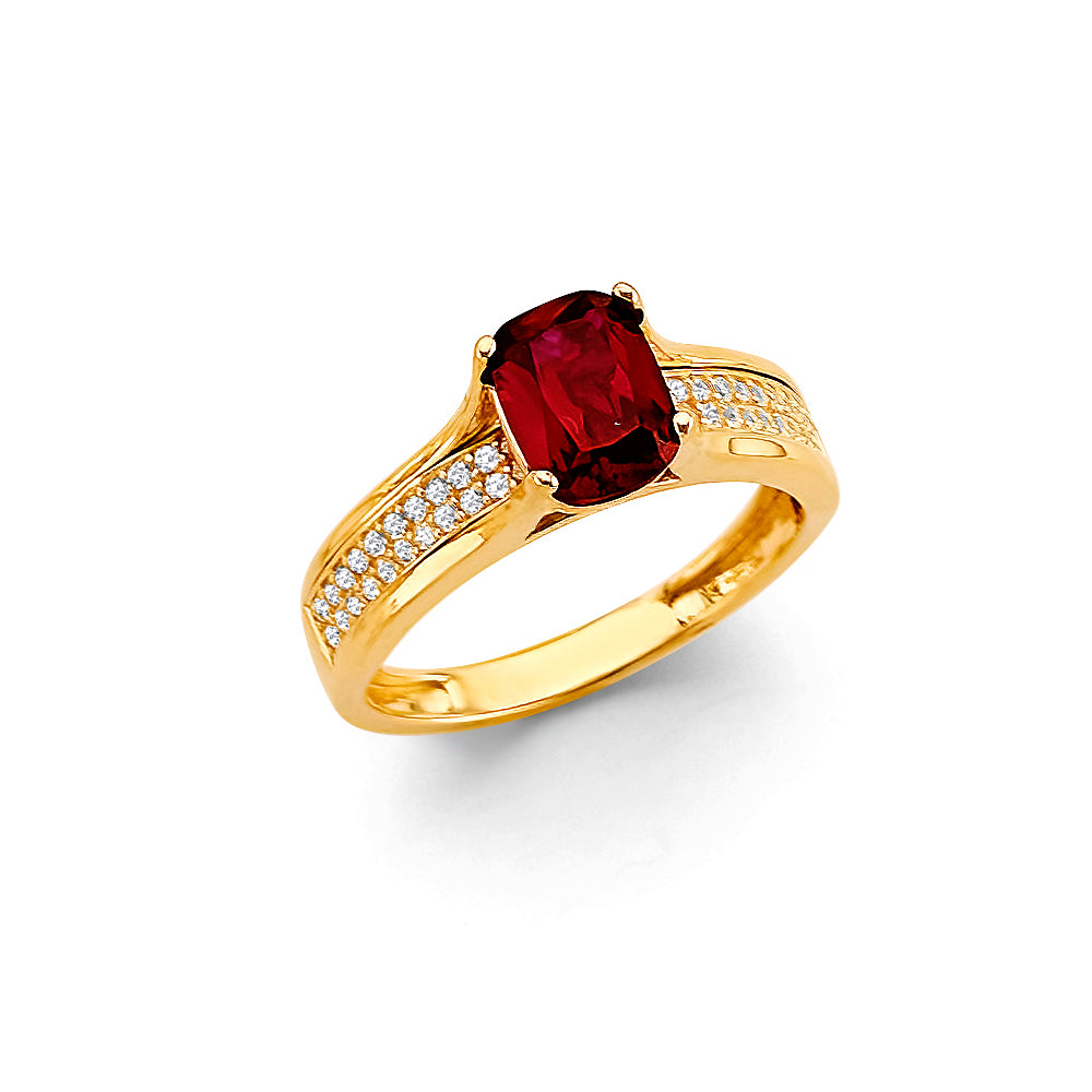 14K Yellow Gold Synthetic Red Ruby CZ Cushion Cut Ring