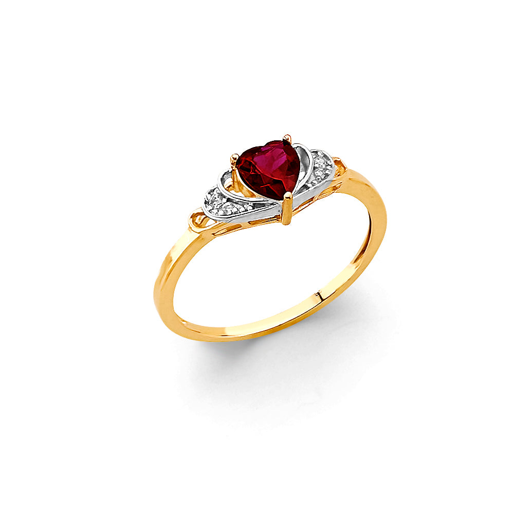 14K Two-Tone Gold Synthetic Red Ruby CZ Heart Halo Ring