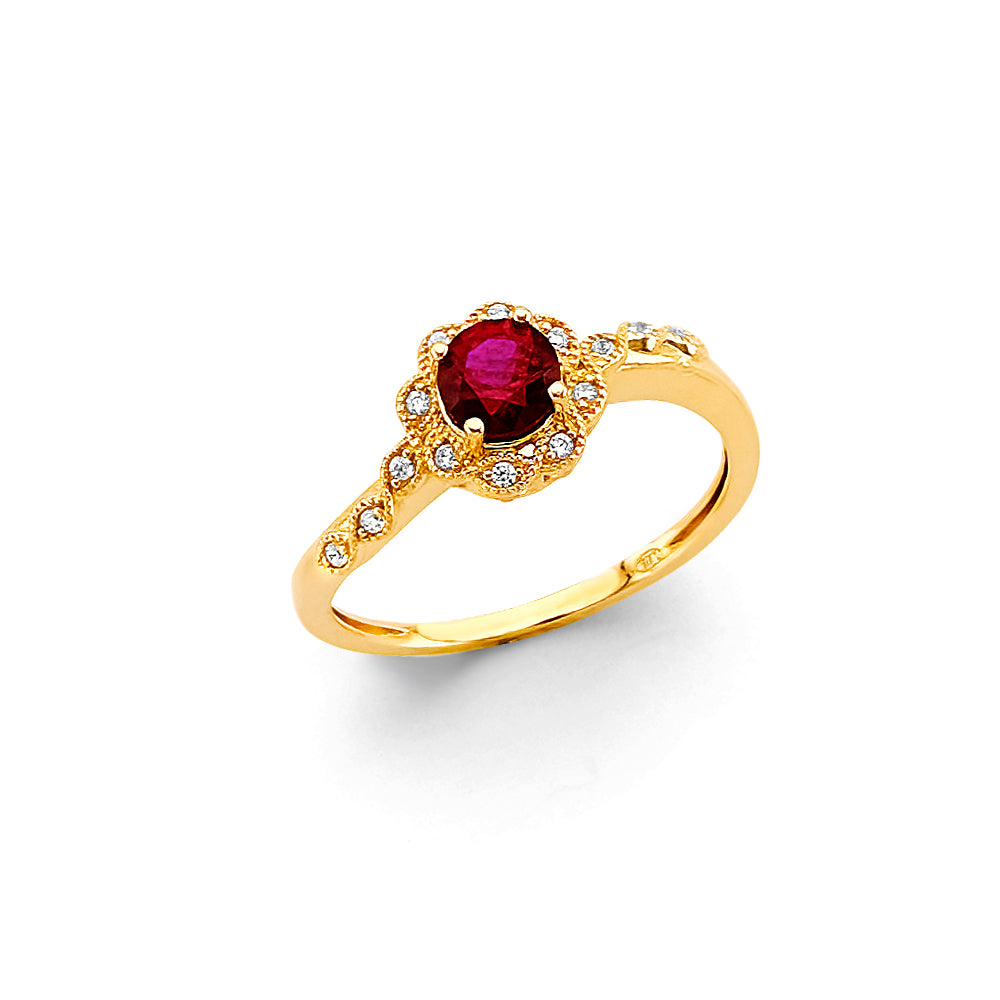 14K Yellow Gold Synthetic Red Ruby CZ Halo Ring