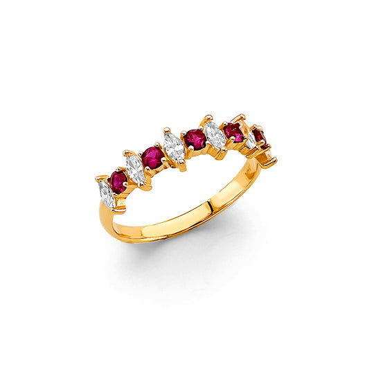 14K Yellow Gold Synthetic Red Ruby CZ Alternating Marquise Band Ring