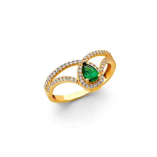 14K Yellow Gold Synthetic Emerald Green CZ Pear Halo Split Shank Ring
