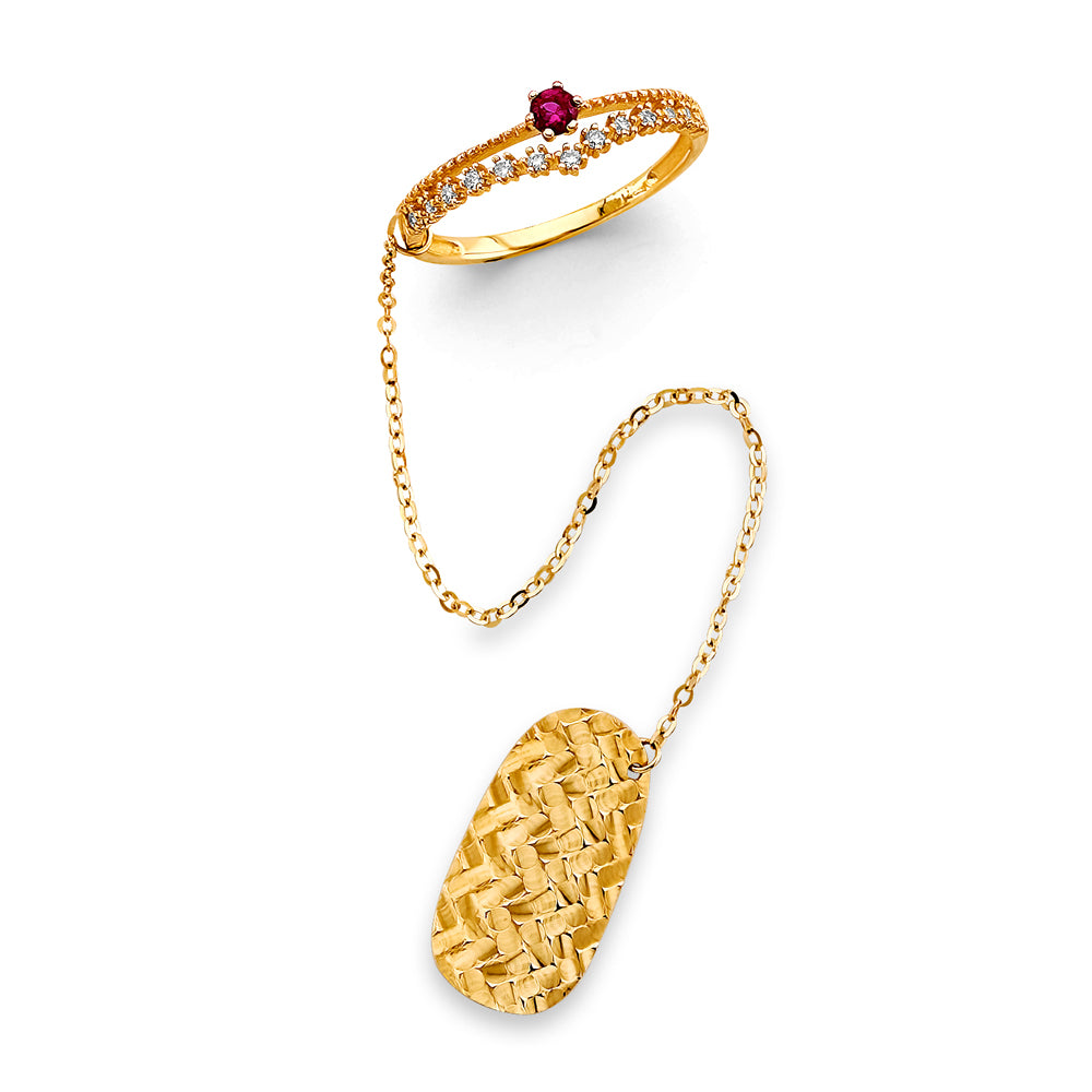14K Yellow Gold Ruby CZ Pavé Design Nail Ring with Dangle Charm