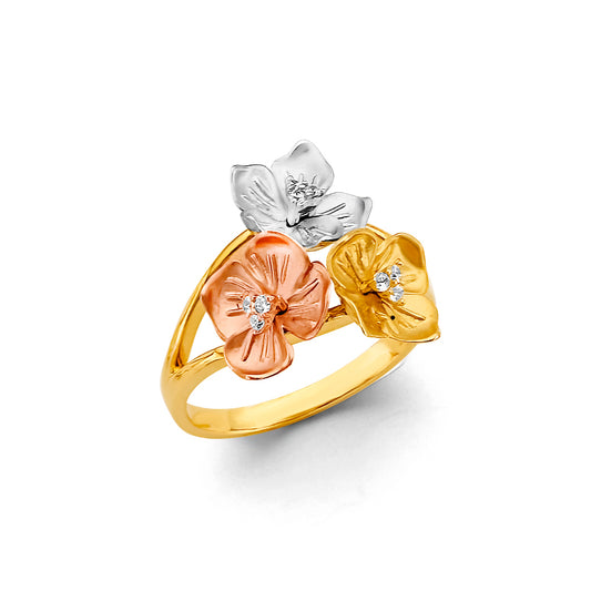 14K Tri-Color Gold Triple Flower CZ Ring