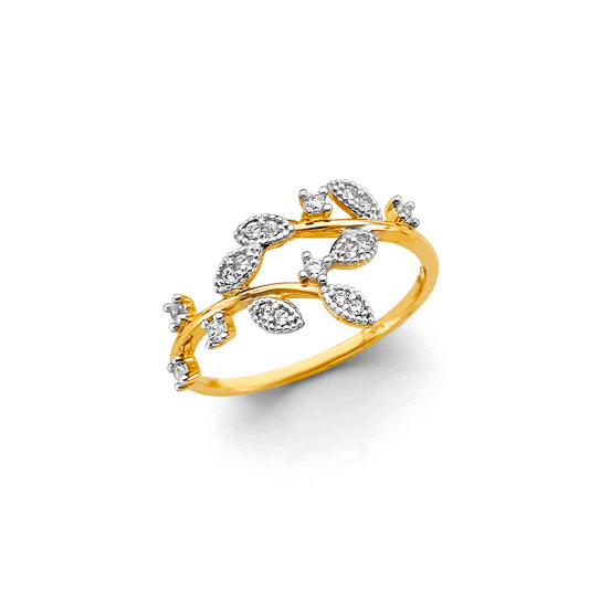14K Two-Tone Gold Women's Leaf Design CZ Ring