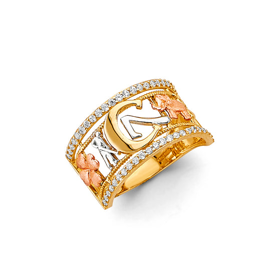 14K Tri-Color Gold Elephant Lucky 7 CZ Ring
