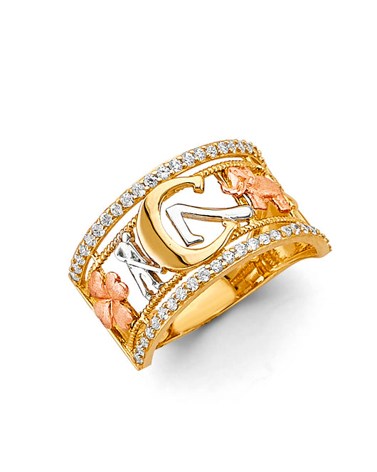 14K Tri-Color Gold Elephant Lucky 7 CZ Ring