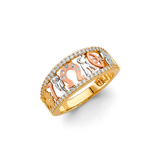 14K Tri-Color Gold Elephant Lucky 7 CZ Ring