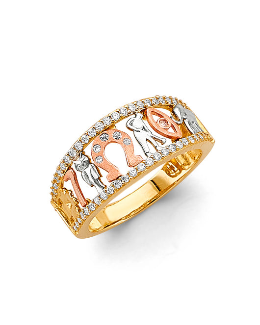 14K Tri-Color Gold Elephant Lucky 7 CZ Ring