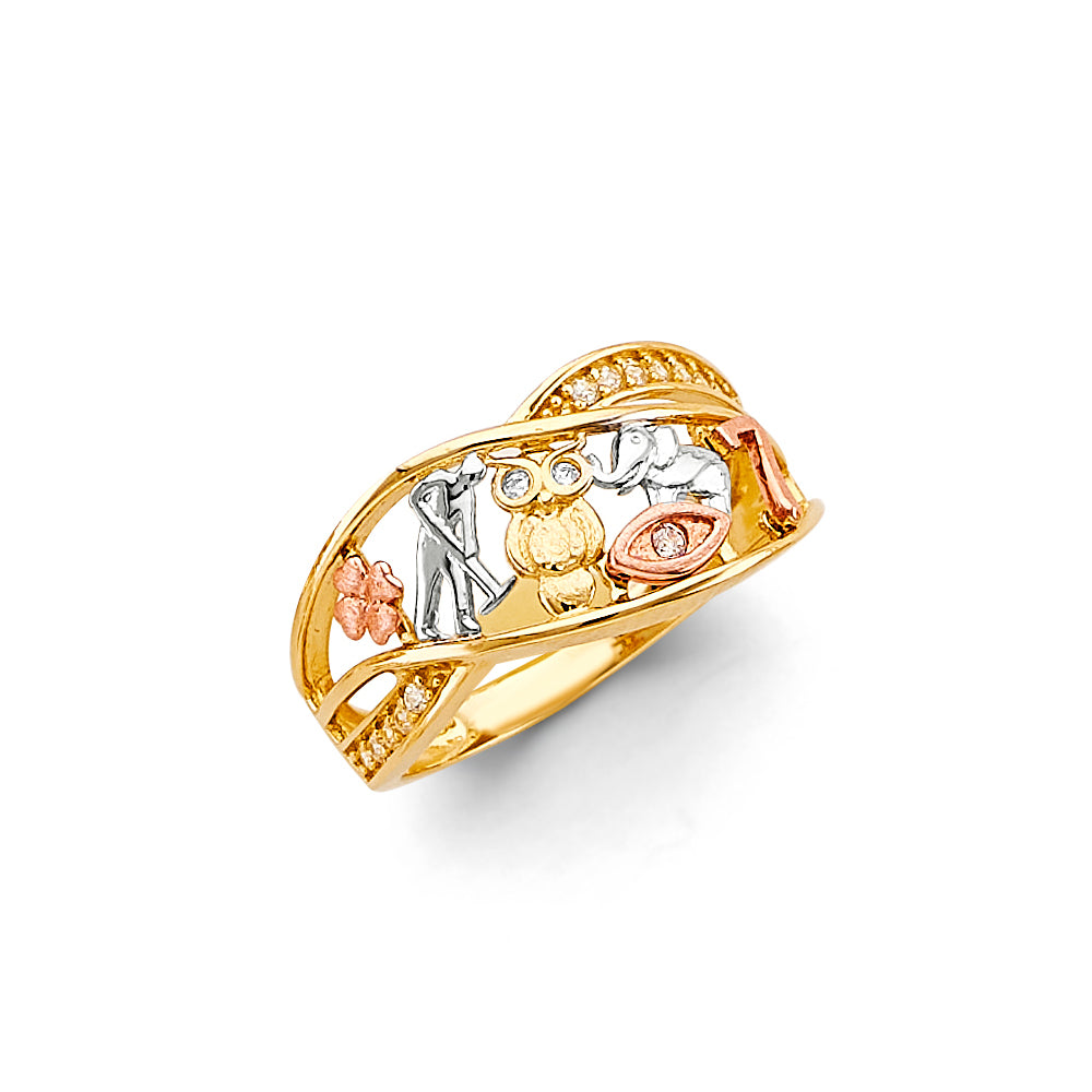 14K Tri-Color Gold Elephant Lucky 7 CZ Ring
