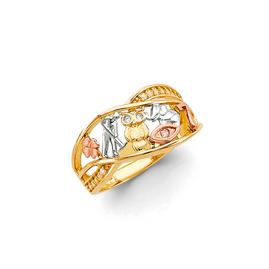 14K Tri-Color Gold Elephant Lucky 7 CZ Ring