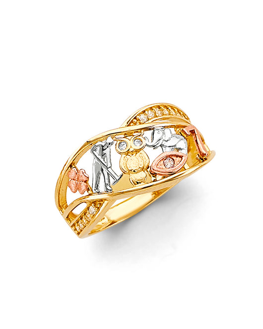 14K Tri-Color Gold Elephant Lucky 7 CZ Ring