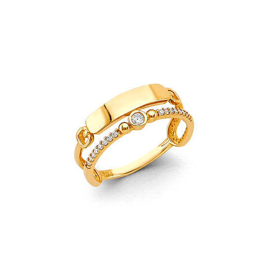 14K Yellow Gold Women’s ID Bar Chain Design CZ Ring