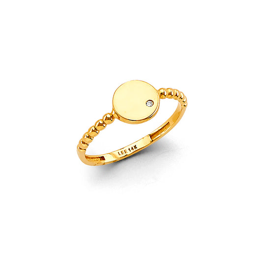 14K Yellow Gold Women’s Round Disc Beaded Band CZ Ring