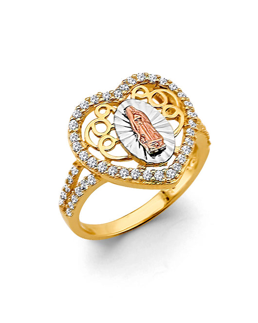14K Tri-Color Gold Women’s Virgin Guadalupe CZ Filigree Ring