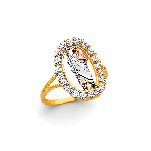 14K Tri-Color Gold Women’s San Judas Oval Halo CZ Ring