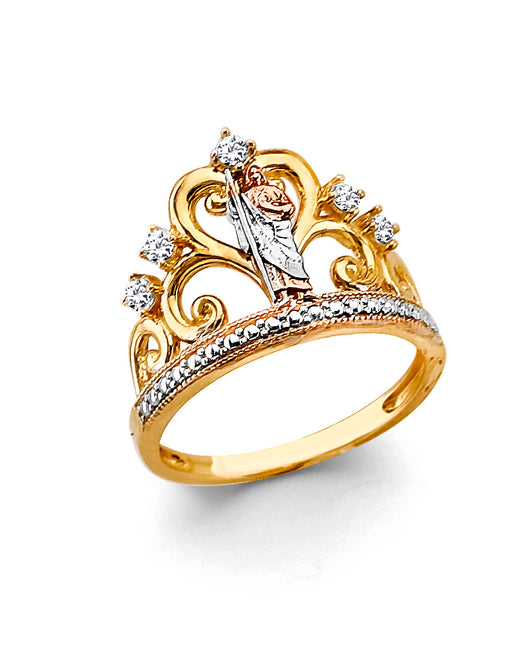 14K Tri-Color Gold Women’s San Judas Crown Design CZ Ring