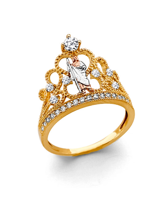 14K Tri-Color Gold Women’s San Judas Crown Design CZ Ring