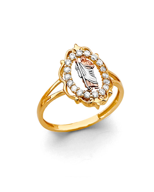 14K Tri-Color Gold Women’s San Judas Oval Halo CZ Ring