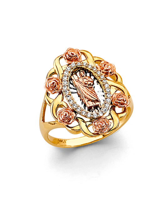 14K Tri-Color Gold Women’s San Judas Rose Design CZ Ring