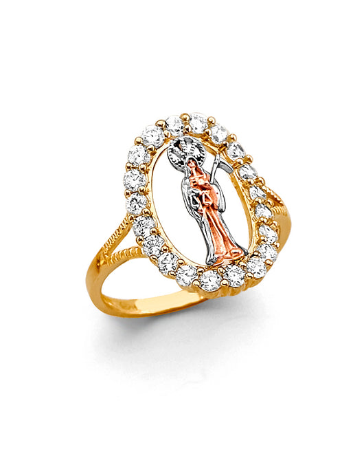 14K Tri-Color Gold Women’s Santa Muerte CZ Halo Ring