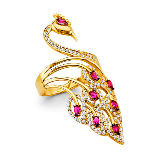 14K Yellow Gold Peacock Design Ring with Synthetic Red Ruby CZ and CZ