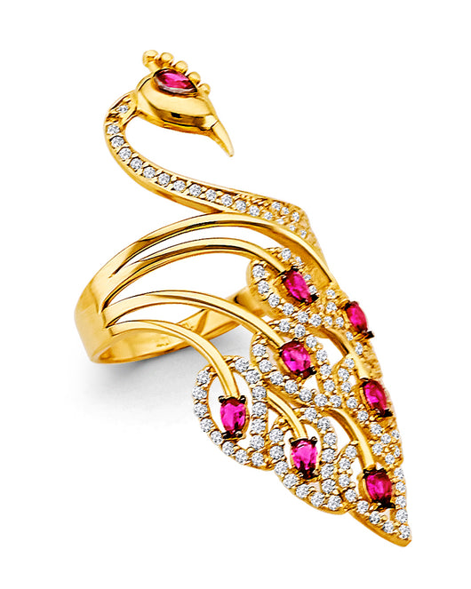 14K Yellow Gold Peacock Design Ring with Synthetic Red Ruby CZ and CZ