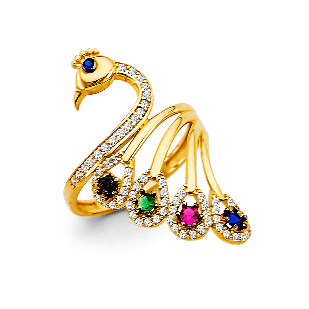 14K Yellow Gold Peacock Design Ring with Multicolor CZ