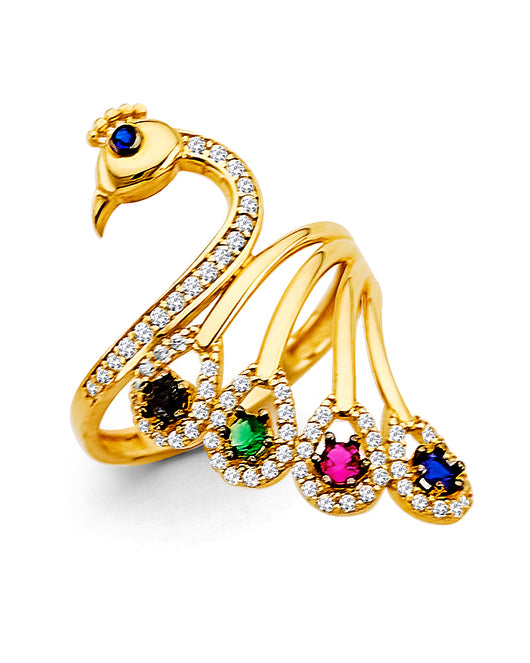 14K Yellow Gold Peacock Design Ring with Multicolor CZ