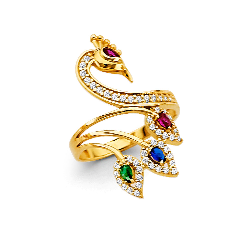 14K Yellow Gold Peacock Design Multicolor CZ Ring