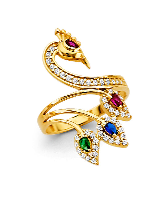 14K Yellow Gold Peacock Design Multicolor CZ Ring