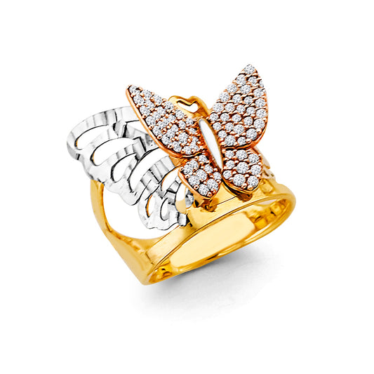 14K Tri-Color Gold Butterfly Design CZ Women’s Ring