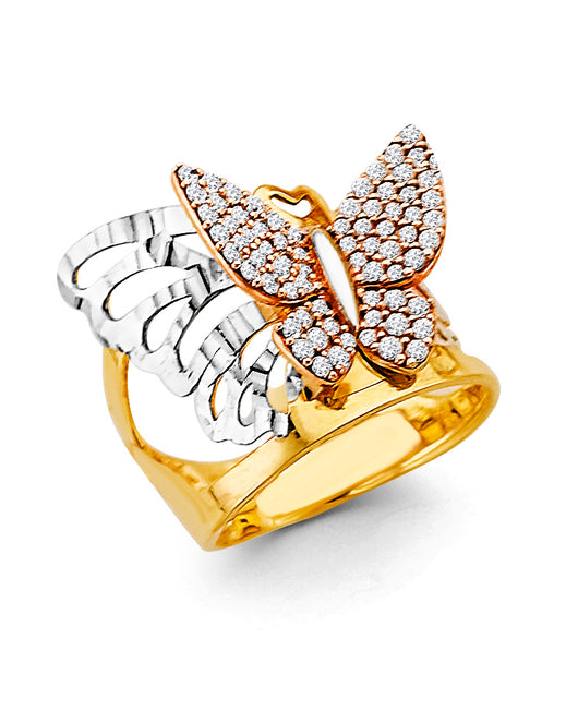 14K Tri-Color Gold Butterfly Design CZ Women’s Ring