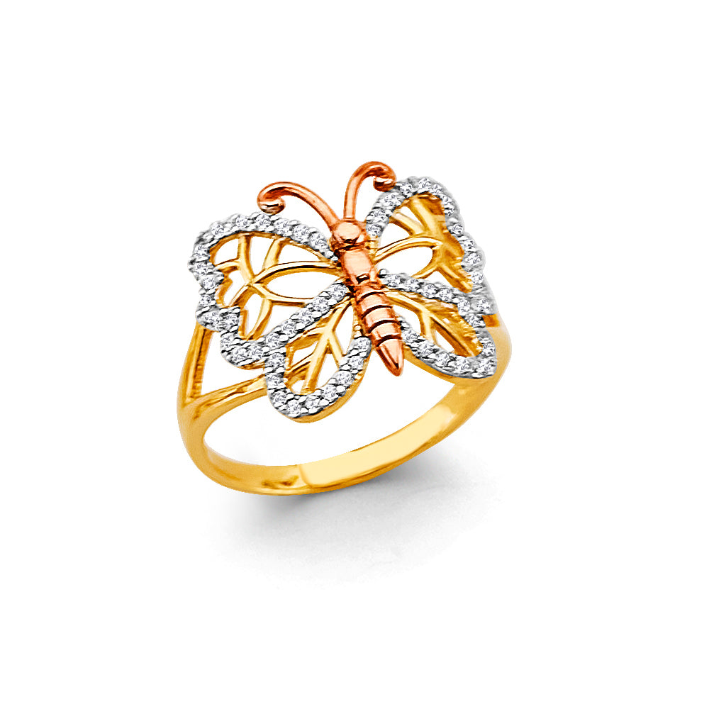 14K Tri-Color Gold Butterfly Design CZ Women’s Ring