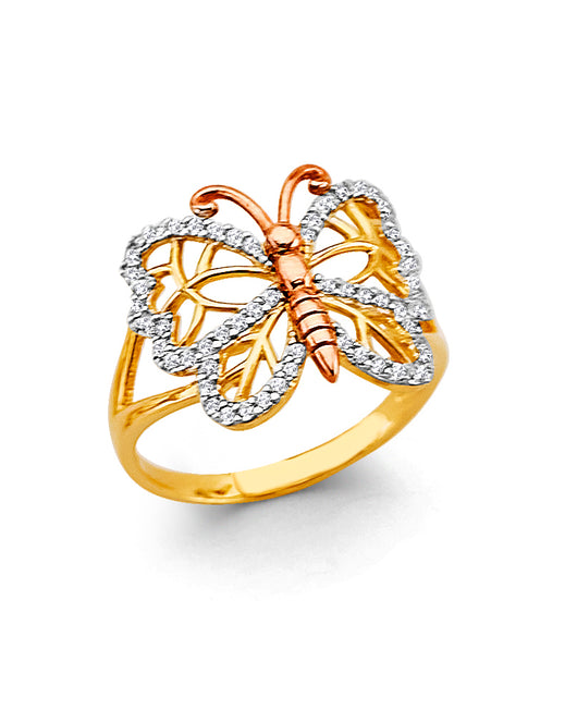 14K Tri-Color Gold Butterfly Design CZ Women’s Ring