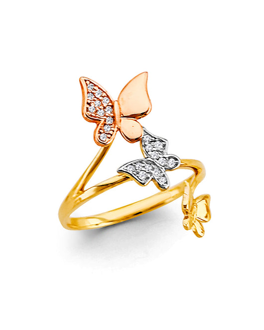 14K Tri-Color Gold Double Butterfly CZ Women’s Ring