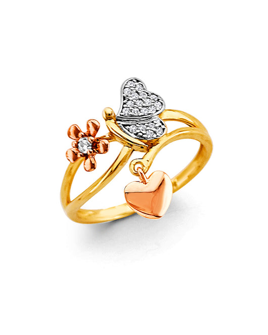 14K Tri-Color Gold Butterfly & Heart CZ Women’s Ring