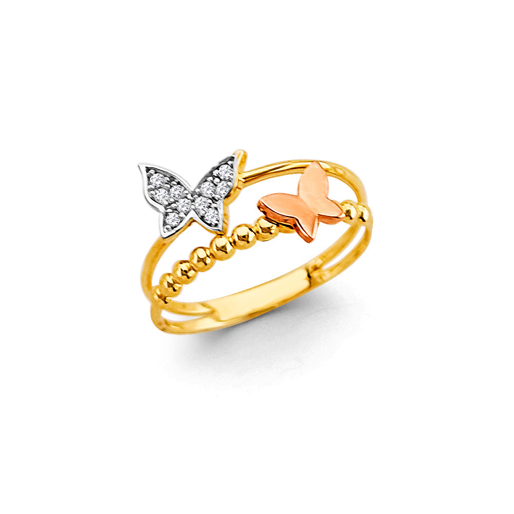 14K Tri-Color Gold Double Butterfly CZ Women’s Ring