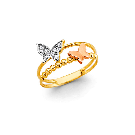 14K Tri-Color Gold Double Butterfly CZ Women’s Ring