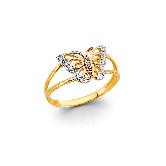 14K Tri-Color Gold Butterfly Design CZ Women’s Ring