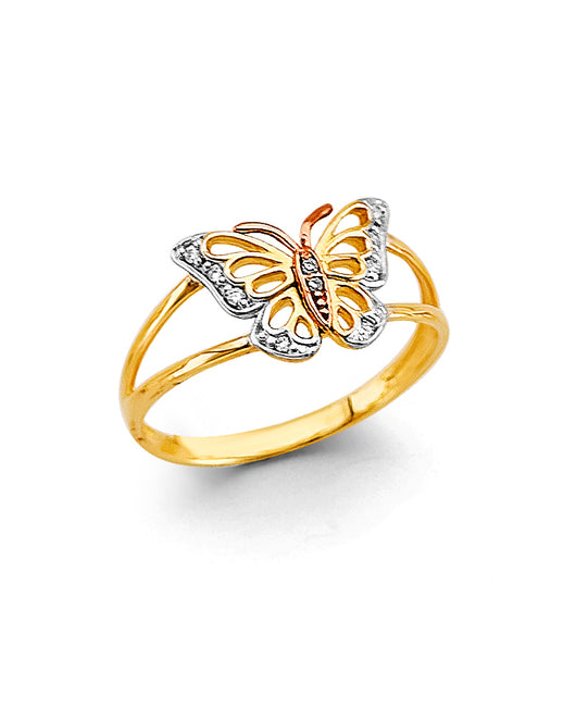 14K Tri-Color Gold Butterfly Design CZ Women’s Ring