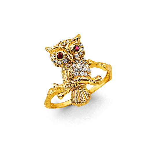 14K Yellow Gold Owl Design CZ Women’s Ring