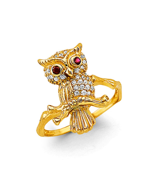 14K Yellow Gold Owl Design CZ Women’s Ring