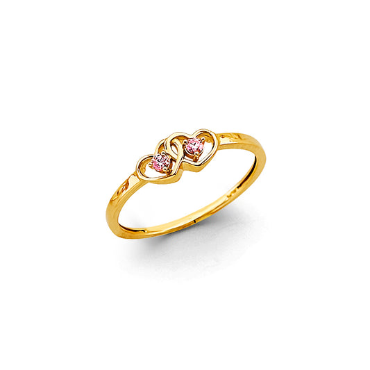 14K Yellow Gold Double Heart Design Synthetic Pink CZ Women’s Ring