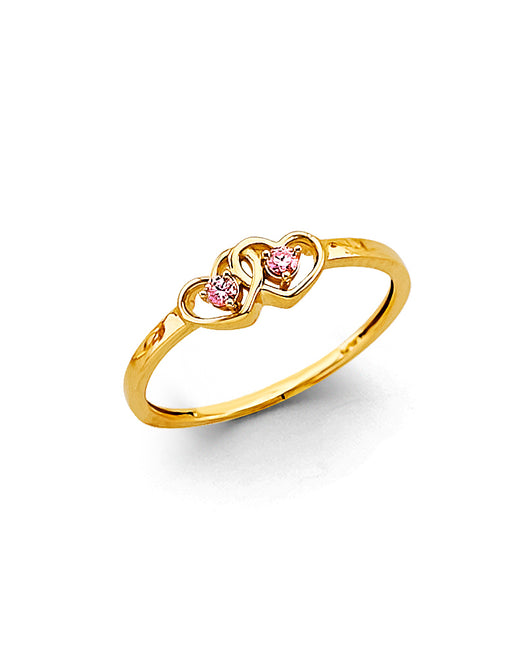 14K Yellow Gold Double Heart Design Synthetic Pink CZ Women’s Ring