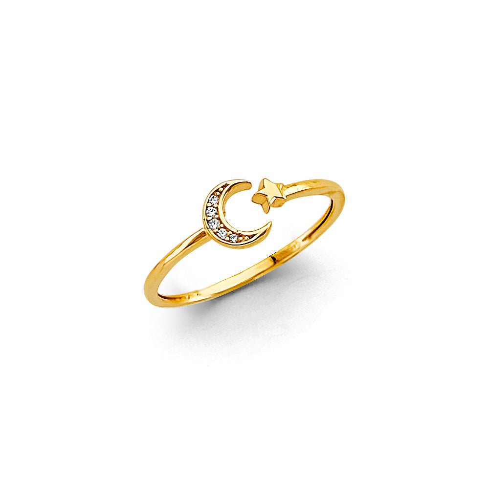 14K Yellow Gold Moon and Star Design CZ Women’s Ring