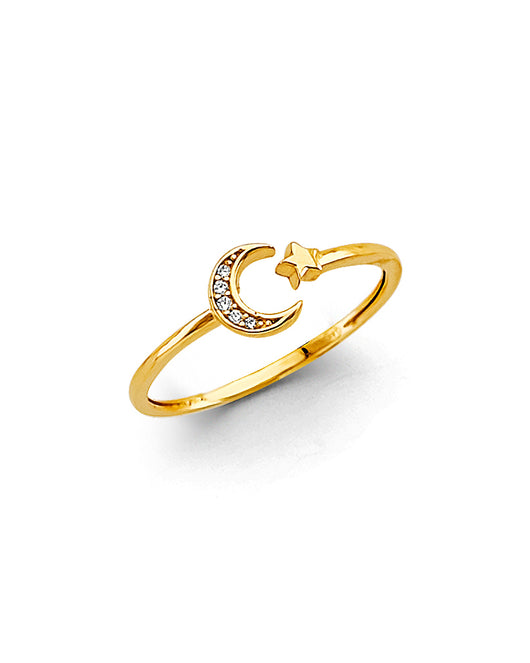 14K Yellow Gold Moon and Star Design CZ Women’s Ring