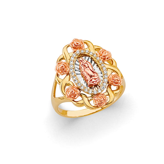 14K Tri-Color Gold Virgin Guadalupe Filigree Design Women’s Ring