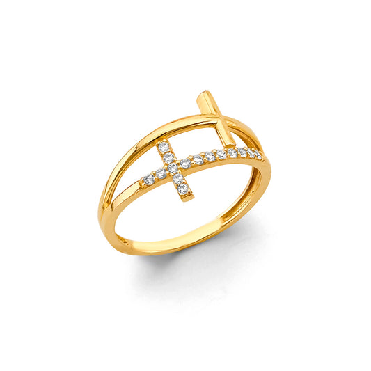 14K Yellow Gold Double Cross CZ Ring