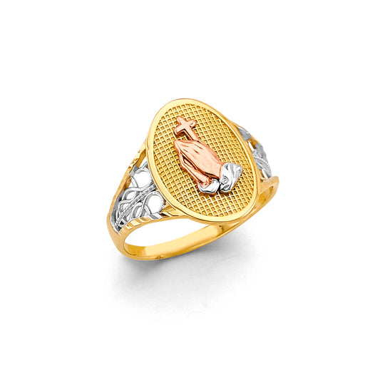 14K Tri-Color Gold Praying Hands Oval Ring