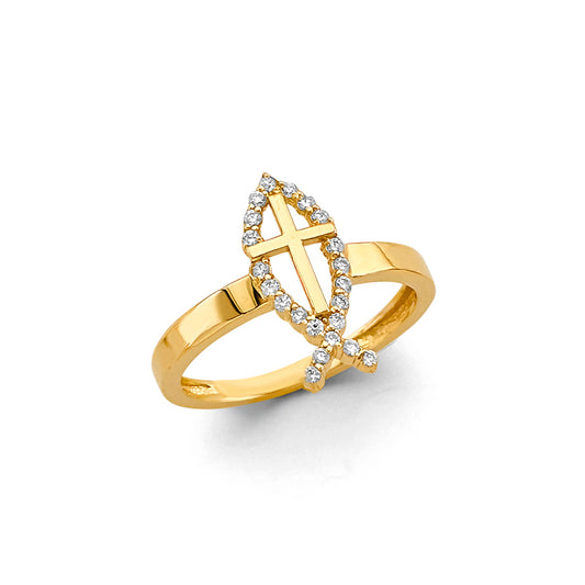 14K Yellow Gold Ichthys Cross CZ Ring